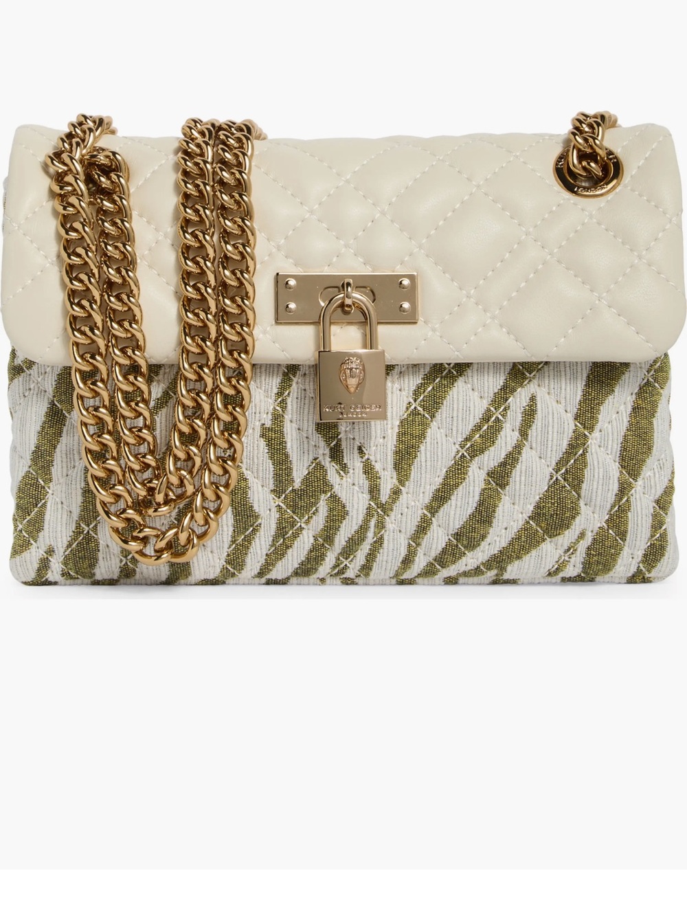 Kurt Geiger Cream Quilted & Olive Zebra Jacquard Crossbody with Gold Chain